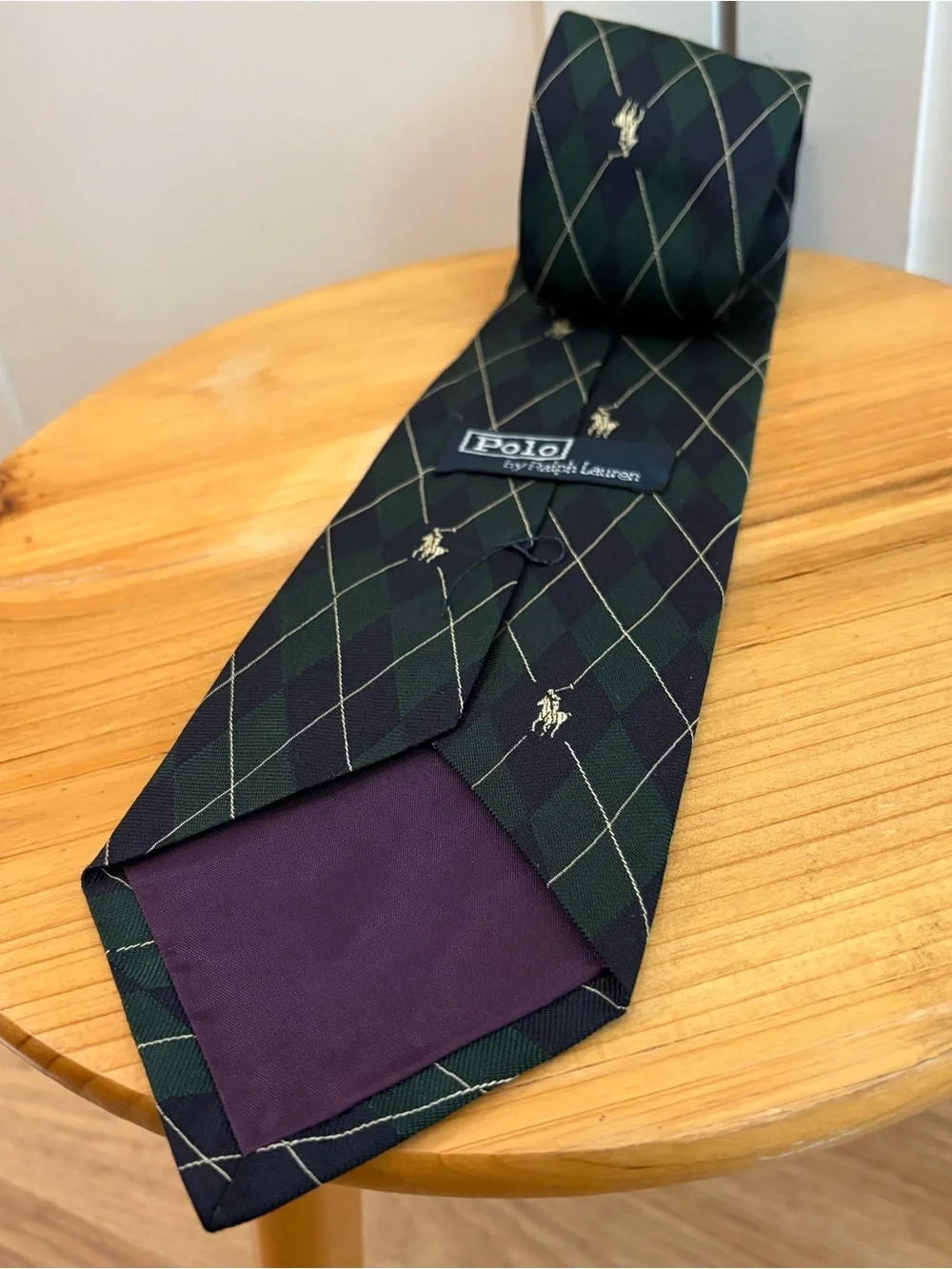 Vintage Polo Ralph Lauren Silk Tie Green Blue Argyle Plaid Embroidered Pony 90s